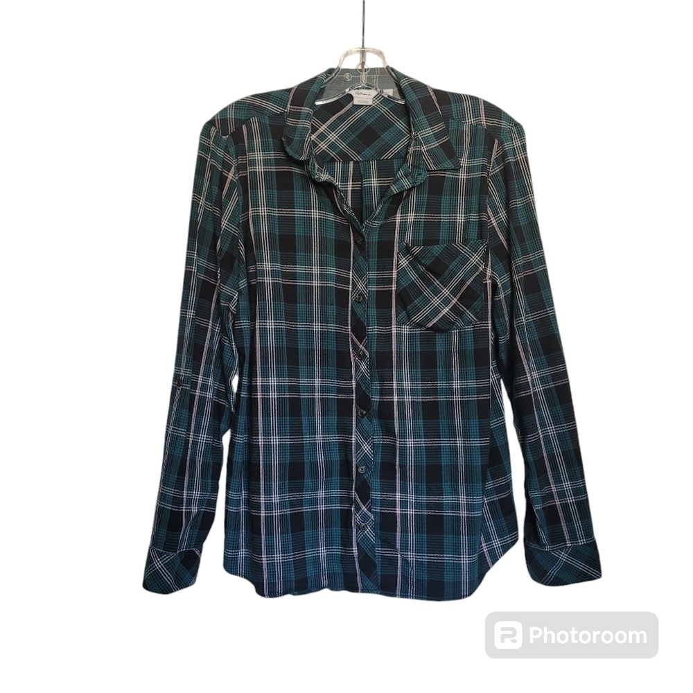 Reitmans Cotton Blend Long Sleeves Collared Plaid Button Down Shirt Size L